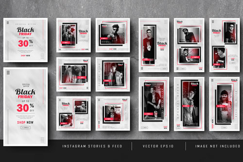 قالب حرفه ای پست و استوری اینستاگرام بصورت لایه باز و مناسب برای فروشگاه لباس با تم قرمز و مشکی